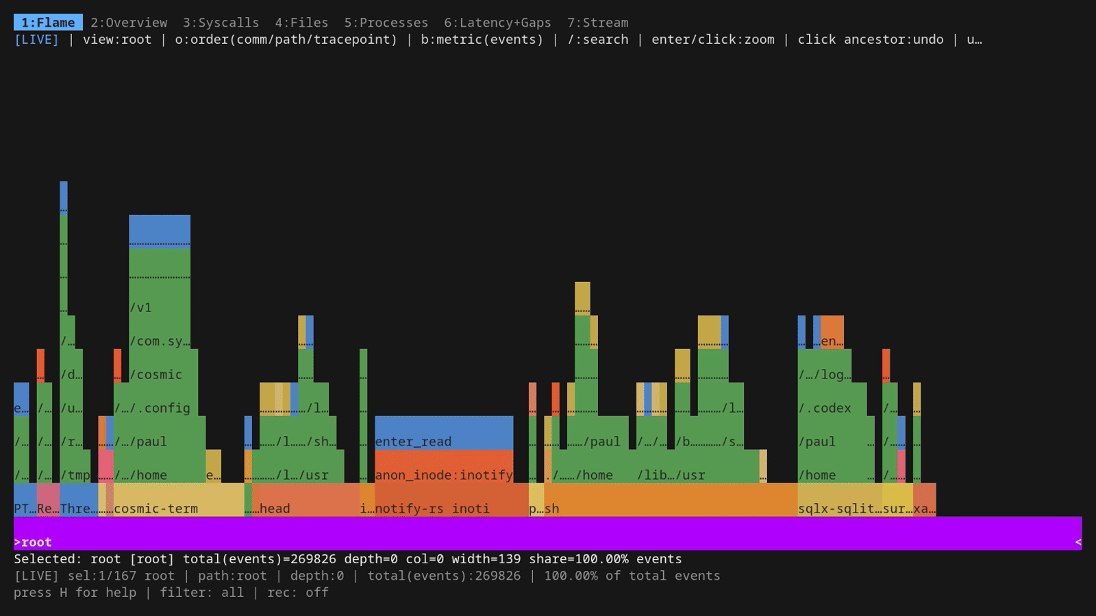 Live in-TUI flamegraph: navigate, zoom, undo, cycle order + metric Live in-TUI flamegraph: navigate, zoom, undo, cycle order + metric