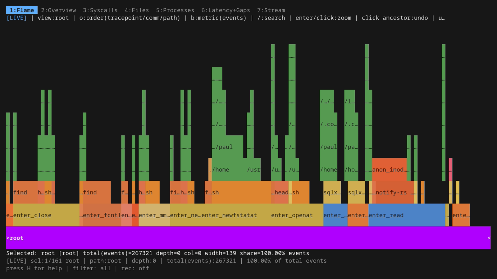 Ordering 3: tracepoint/comm/path — syscalls at the bottom (enter_close, enter_fcntl, enter_mmap, enter_newfstatat, enter_openat, enter_read, …) Ordering 3: tracepoint/comm/path — syscalls at the bottom (enter_close, enter_fcntl, enter_mmap, enter_newfstatat, enter_openat, enter_read, …)